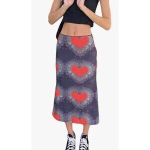 Boho E-Girl Heart Print Midi Skirt Ice Dye Purple Haze Red Slip Stretch L (B05)